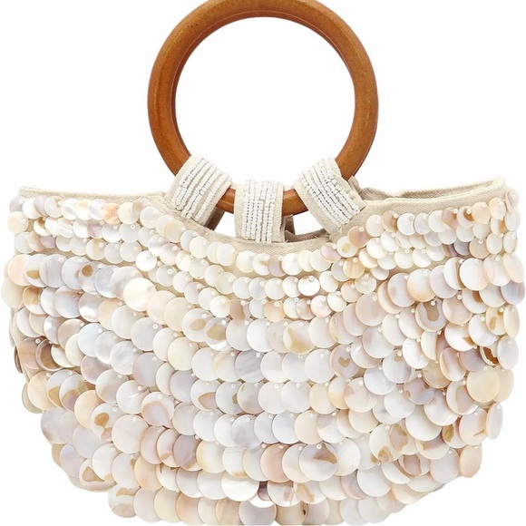 Bohemian Embellished/Seashell Beaded Clutch/Wooden Top Handle/Shell Purse - Picture 2 of 14
